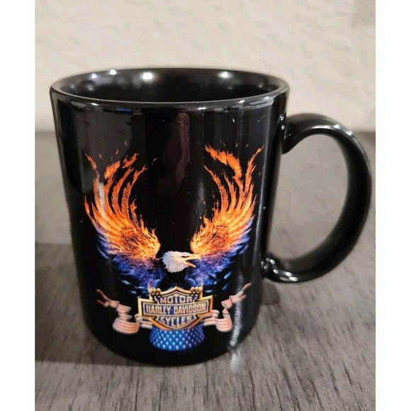 Other - Harley Davidson Mug Black Vintage Licensed‎ 2000 Flaming Eagle 3D HD Logo In Cup